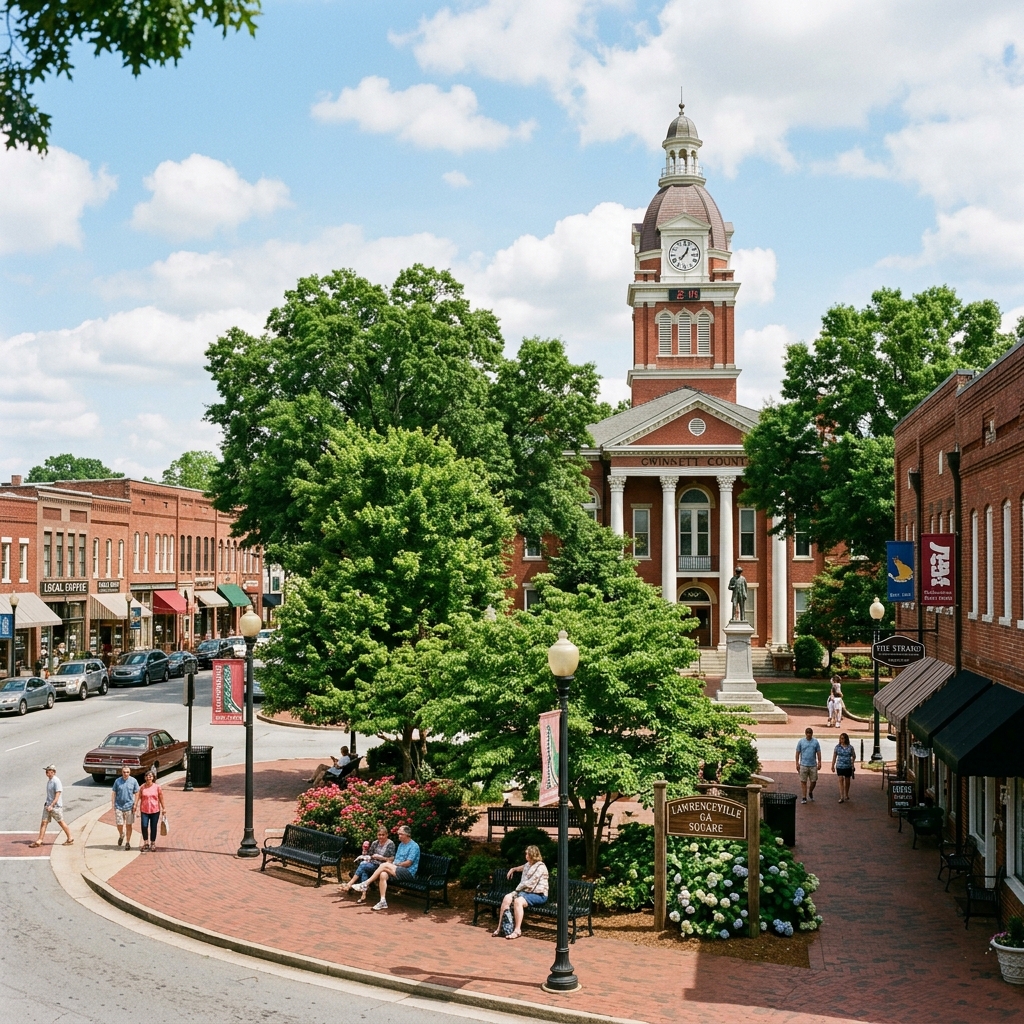 Historic downtown Lawrenceville Georgia with tree-lined streets