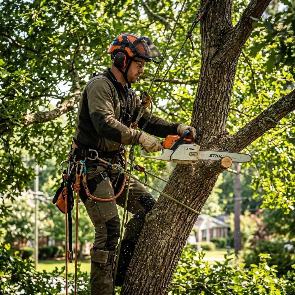 Arborist performing precision tree work in Lilburn GA