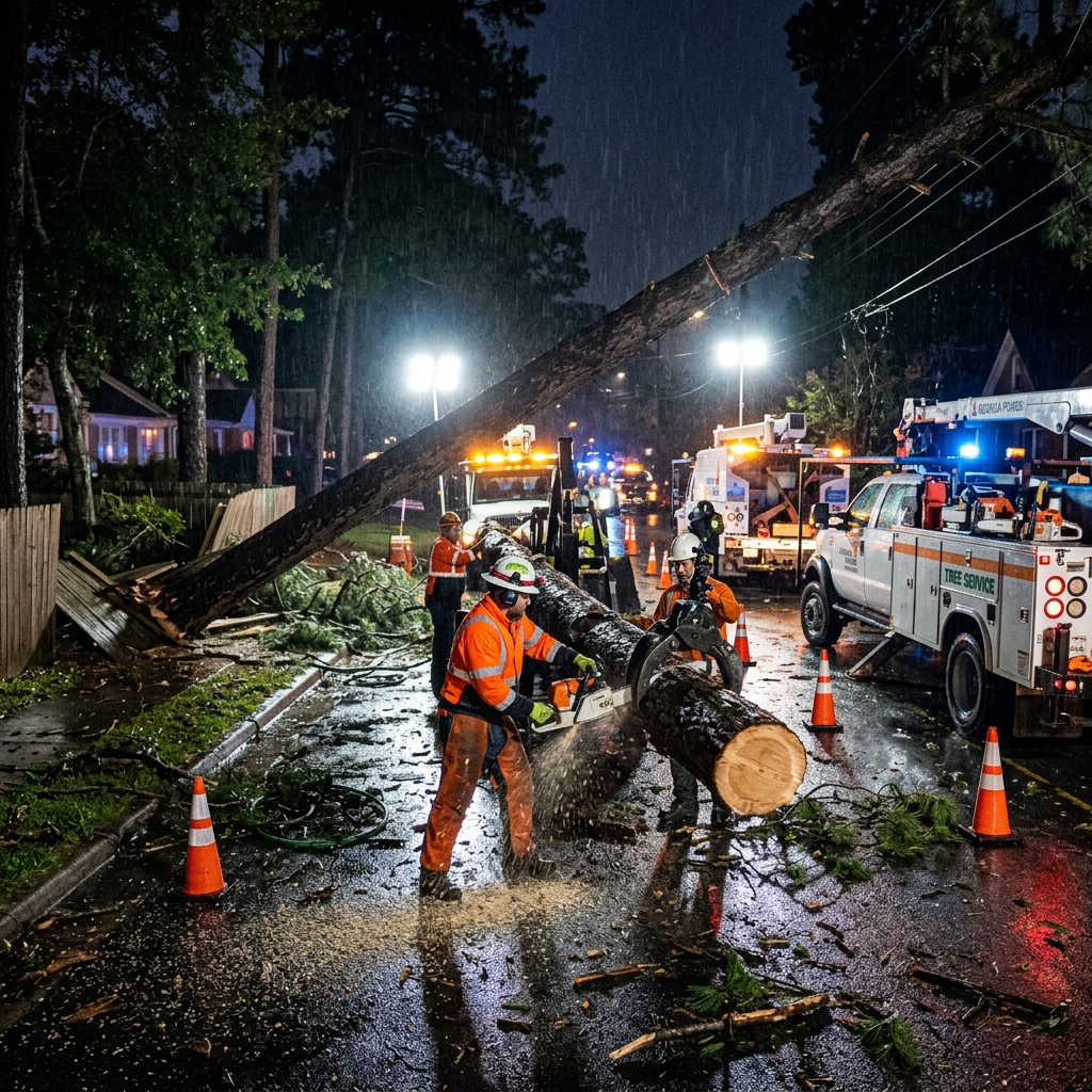 Emergency tree crew at night after storm
